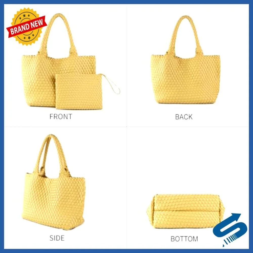 Vegan Leather Handwoven Tote Bag with Small Purse Large Braided Top Handle